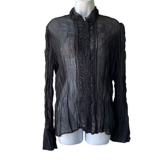 Vintage Apt 9 Semi Sheer Top Shirt Women’s L Black Crinkle Gothic Lace Trims - Picture 1 of 3